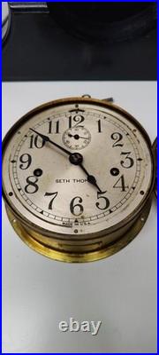 Vintage Seth Thomas Brass Maritime Ships Clock Time Only With Base And Key Runs