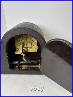 Vintage Seth Thomas Dark Wooden Tambor Mantle Clock Works, 5 Chime Bars