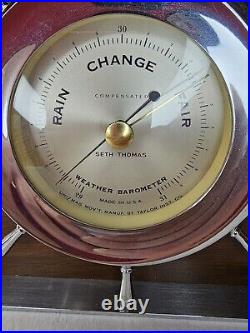 Vintage Seth Thomas Helmsman E537-011a 1509 Weather Chrome Barometer Wood Base