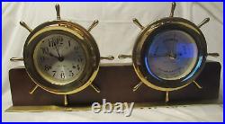 Vintage Seth Thomas Helmsman brass ships clock & barometer mahogany stand