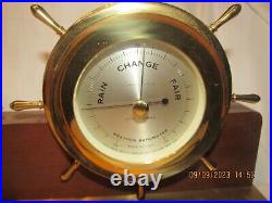 Vintage Seth Thomas Helmsman brass ships clock & barometer mahogany stand