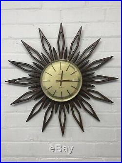 Vintage Seth Thomas Mid Century Teak Sunburst Starburst Clock 22.5 Rare