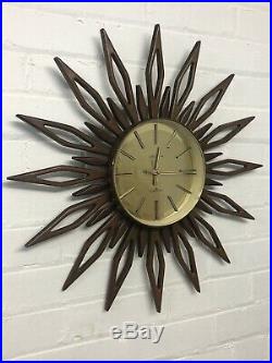 Vintage Seth Thomas Mid Century Teak Sunburst Starburst Clock 22.5 Rare