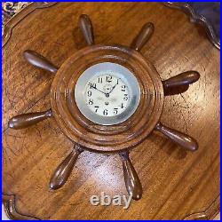 Vintage Seth Thomas Ship Clock Mounted Into A Ship Wheel Display Very Neat Piece
