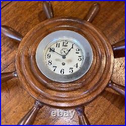 Vintage Seth Thomas Ship Clock Mounted Into A Ship Wheel Display Very Neat Piece
