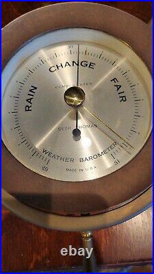 Vintage seth thomas ships clock (with key) and barometer brass on wood