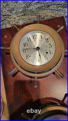 Vintage seth thomas ships clock (with key) and barometer brass on wood