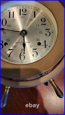 Vintage seth thomas ships clock (with key) and barometer brass on wood