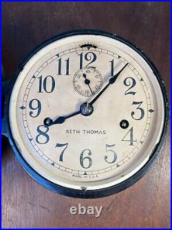 Vtg Seth Thomas Double Spring Railroad or Ship's Wall Clock on Wood Plaque Runs