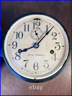 Vtg Seth Thomas Double Spring Railroad or Ship's Wall Clock on Wood Plaque Runs Vtg Seth Thomas Double Spring Railroad or Ship's Wall Clock on Wood Plaque Runs